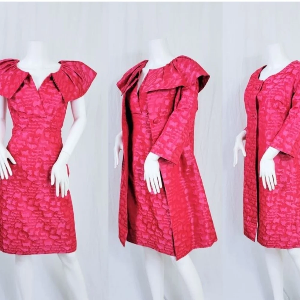 1960s Vintage Mitzi Marlow Mrs. Maisel Dress and Coat Jacket Hot Pink Taffeta - Picture 1 of 10